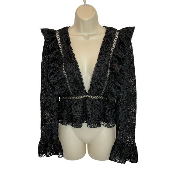 Karina Grimaldi Paula Black Lace Deep V Ruffle Long Sleeve Top NWT- Size S - Picture 2 of 7